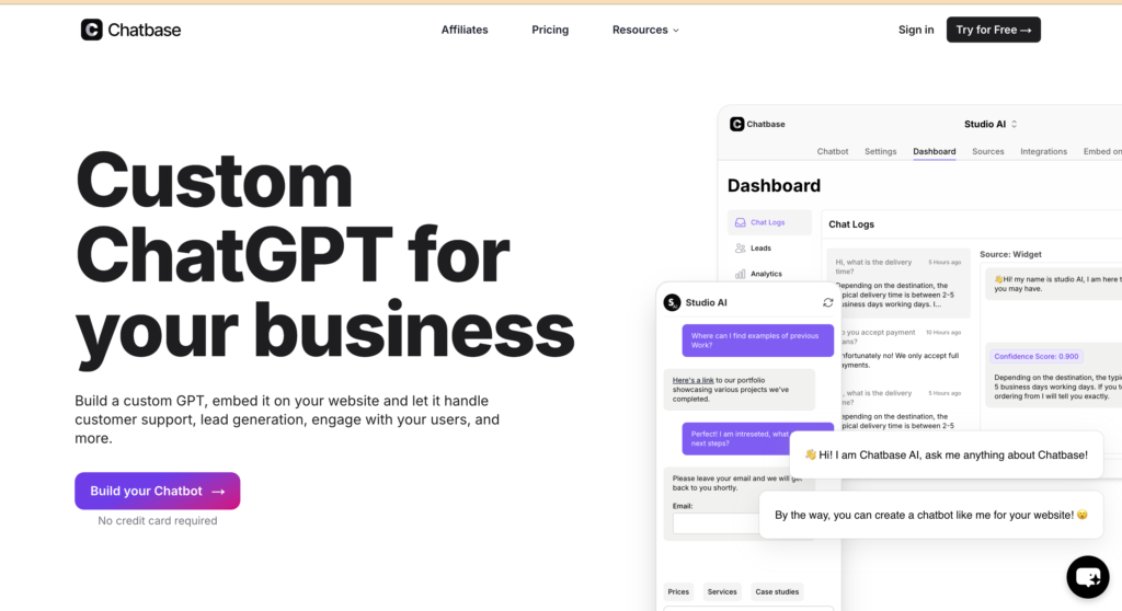 Chatbase homepage featuring the headline 'Custom ChatGPT for your business.' Subtext highlights building a custom GPT for customer support, lead generation, and user engagement. Includes a 'Build your Chatbot' button and a dashboard preview with chat logs and settings.